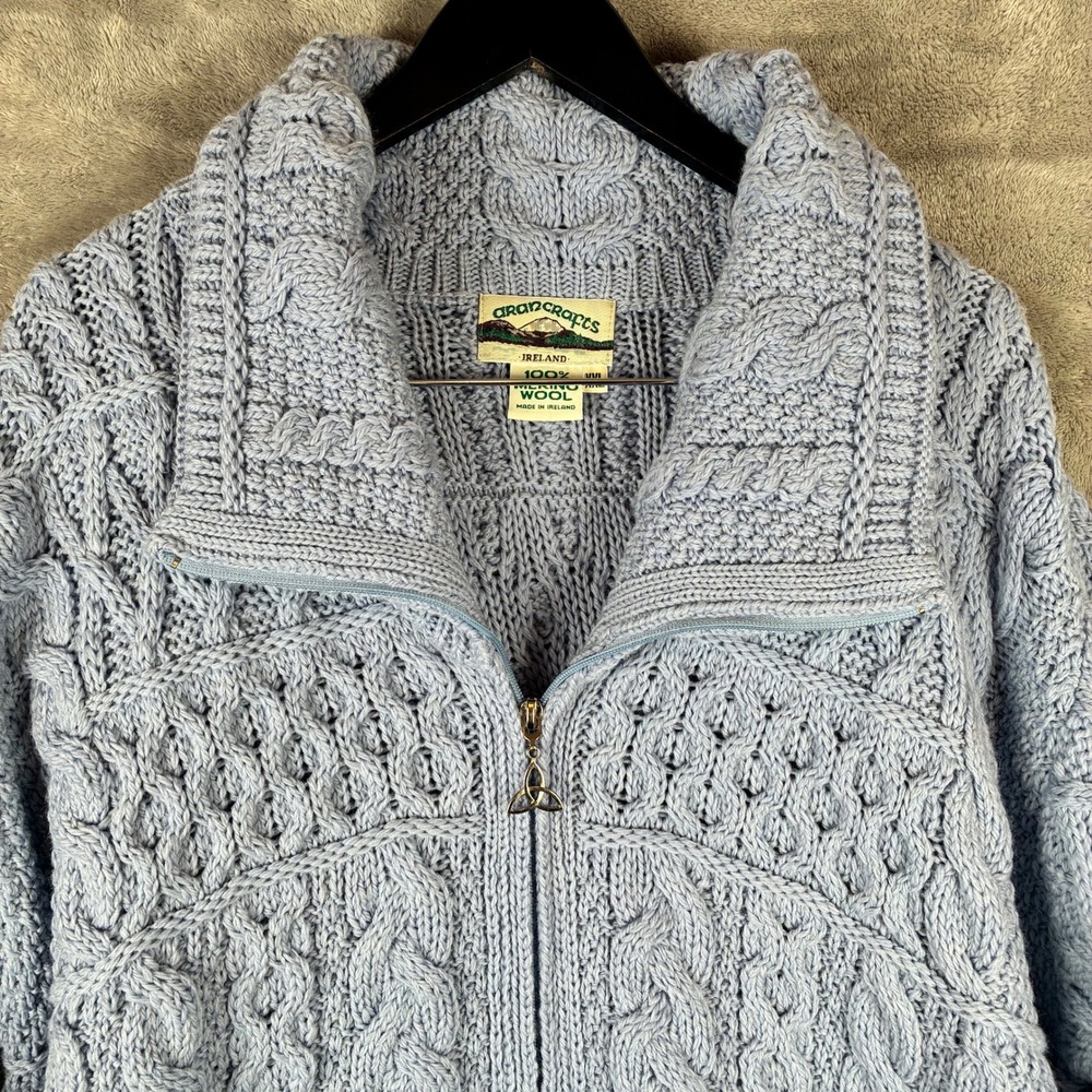 Aran Crafts Cardigan Double Collar‎ Zip Women XXL Light Blue 100% Merino Wool - Picture 6 of 13